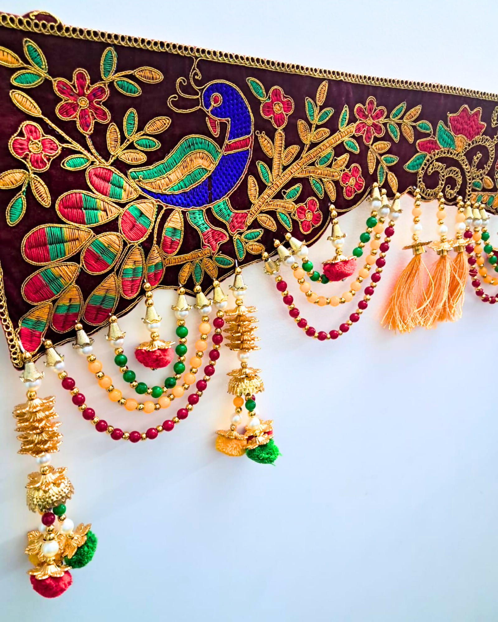 Embroidered Peacock & Kalash Toran with Beaded Tassels (Door Hanging Décor)