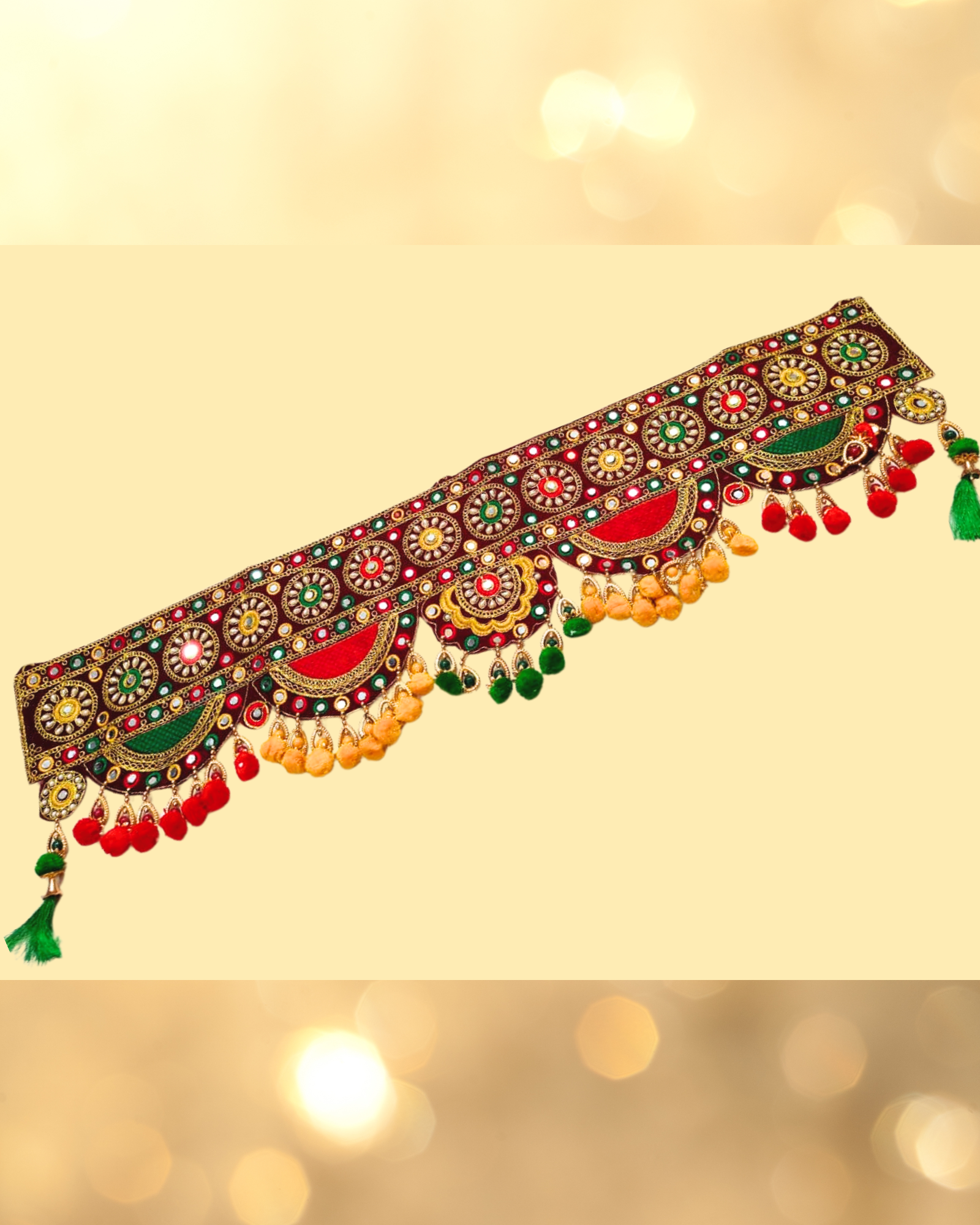 Embroidered Red & Green Toran with Mirror Work and Wool Tassels (Door Hanging Décor)