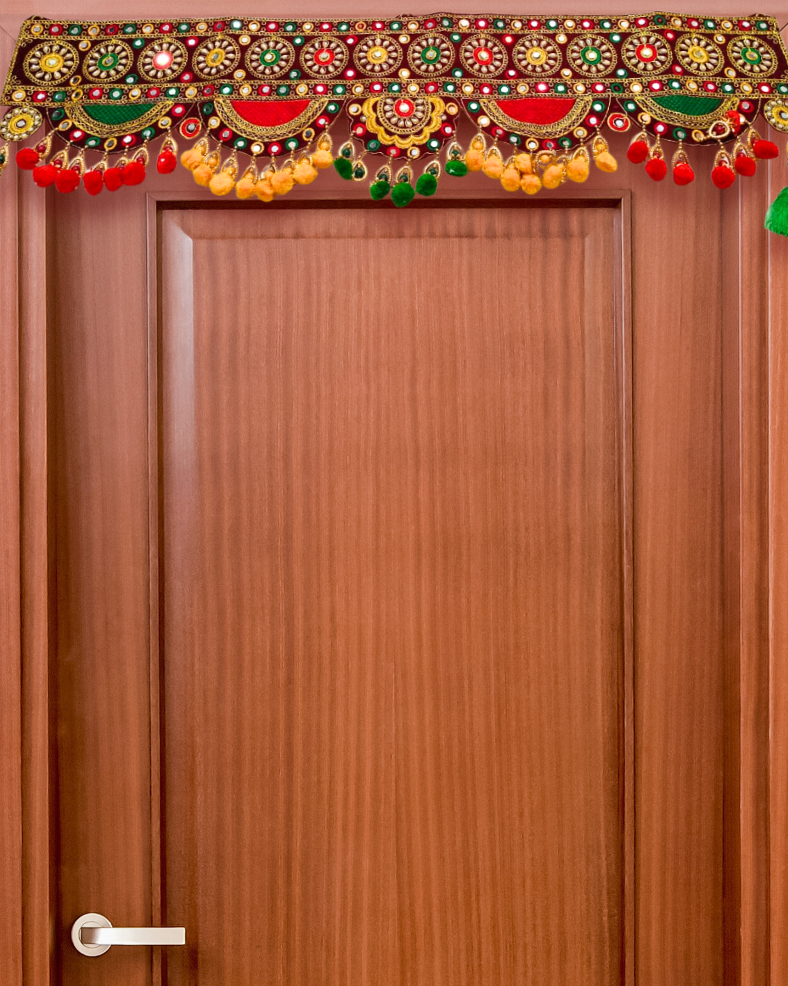 Embroidered Red & Green Toran with Mirror Work and Wool Tassels (Door Hanging Décor)