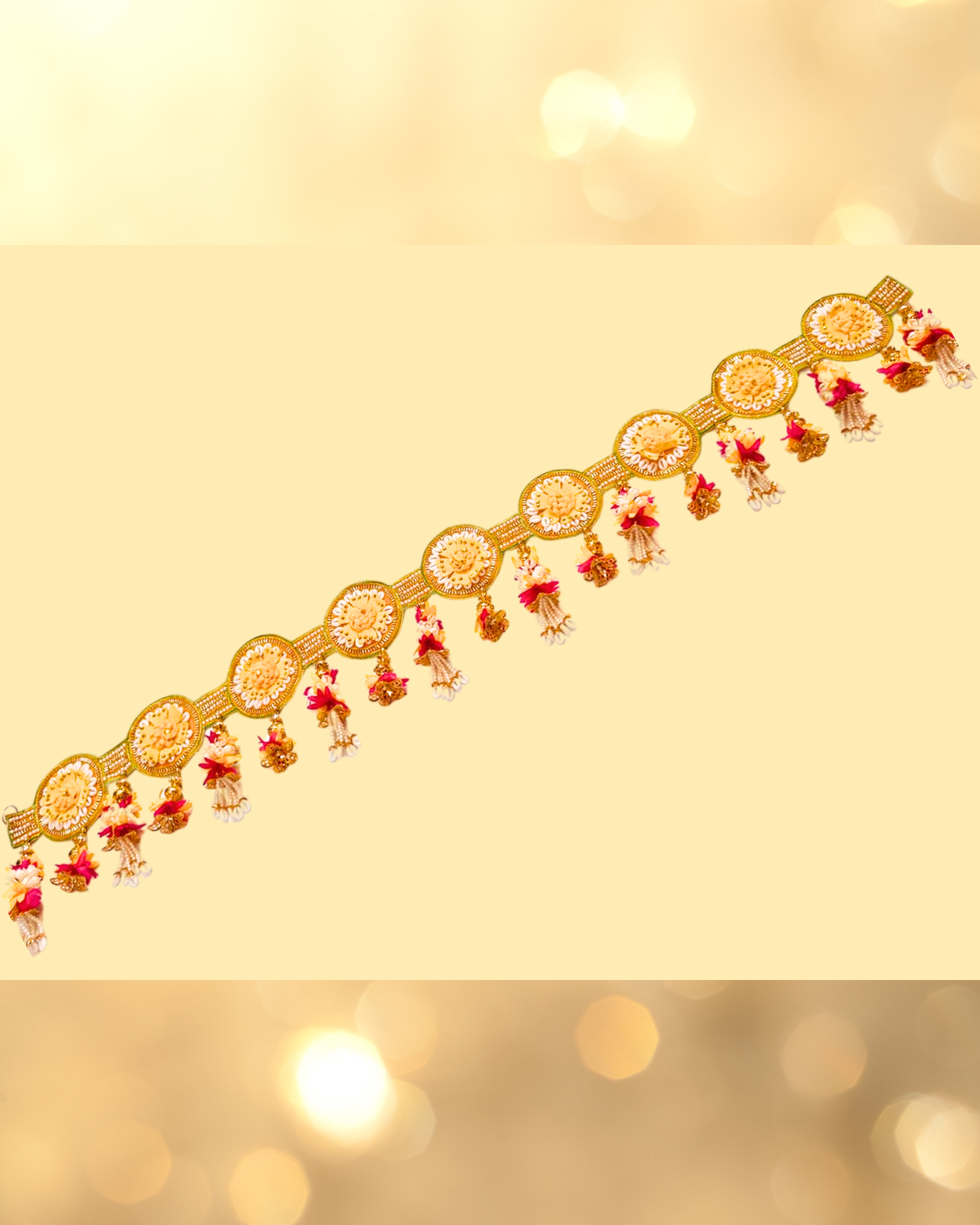 Golden Embroidered Toran with Floral Motifs and Beaded Tassels (Door Hanging Décor)