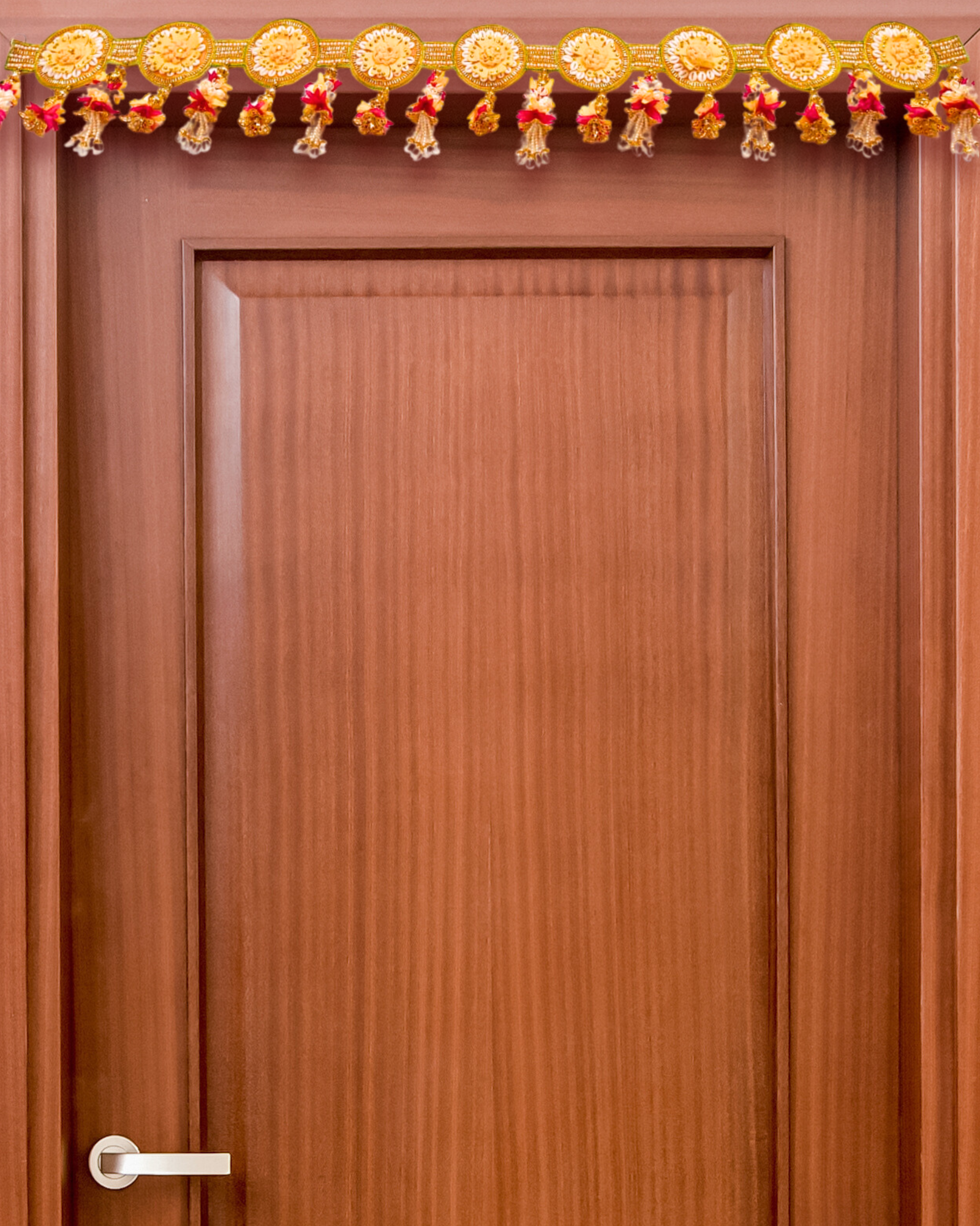 Golden Embroidered Toran with Floral Motifs and Beaded Tassels (Door Hanging Décor)