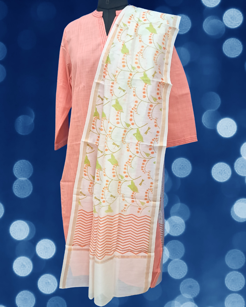 Handwoven Chanderi Dupatta: Phool-Pakshi Collection in Off-White