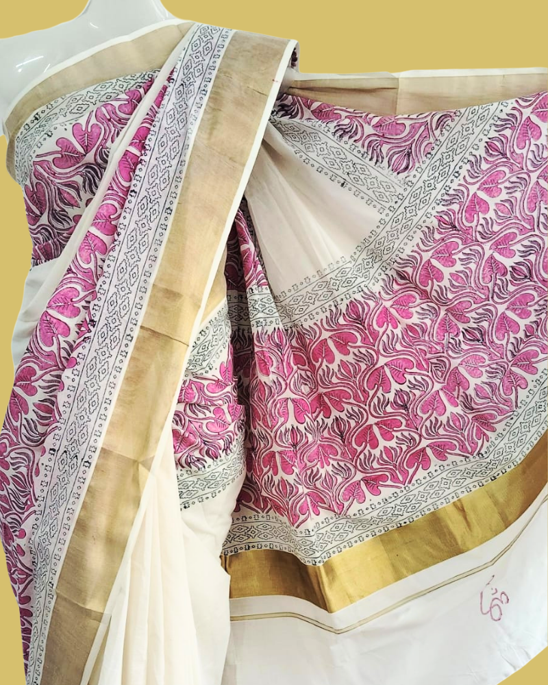Saree: Kerala Cotton - Gold Zari Border with Pink & Green Print