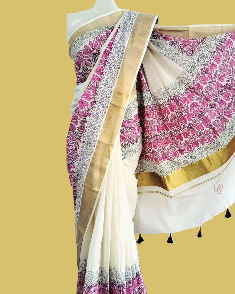 Saree: Kerala Cotton - Gold Zari Border with Pink & Green Print