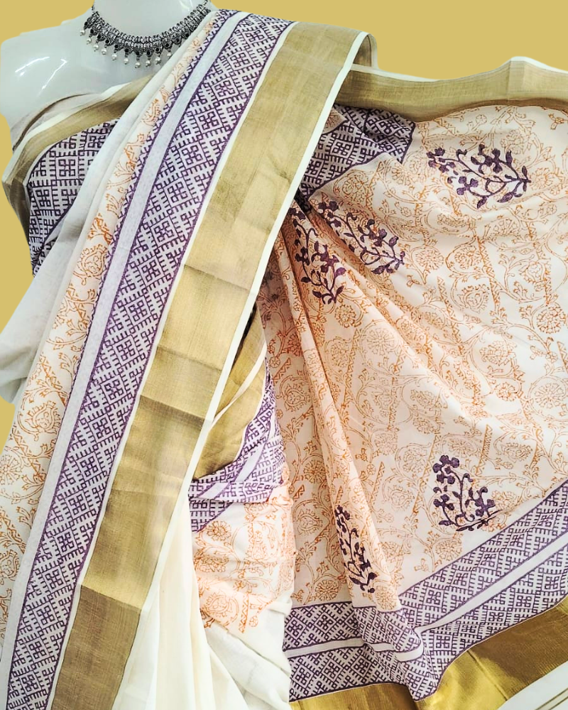 Saree: Kerala Cotton - Gold Zari Border with Orange & Lavender Print