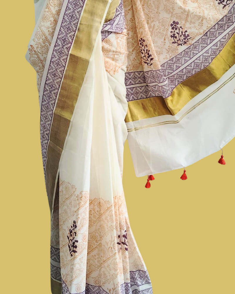 Saree: Kerala Cotton - Gold Zari Border with Orange & Lavender Print