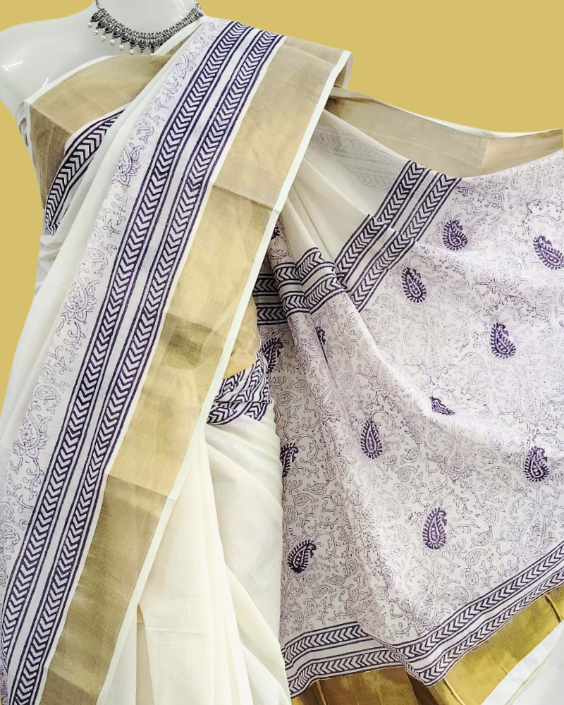 Saree: Kerala Cotton - Gold Zari Border with Lavender Print