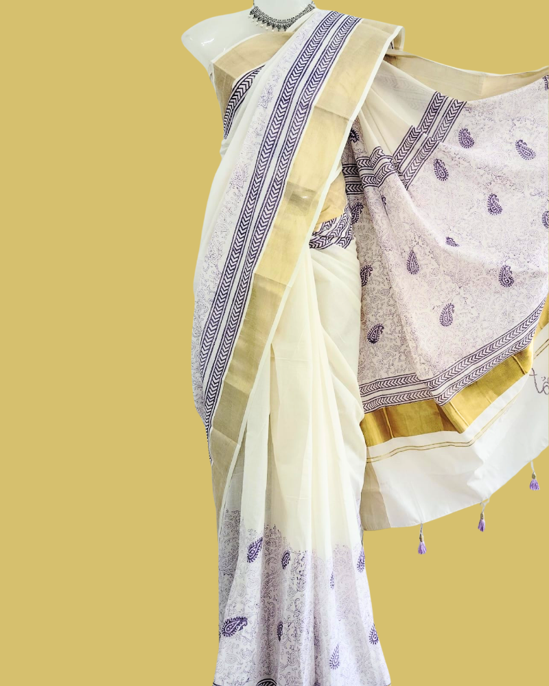 Saree: Kerala Cotton - Gold Zari Border with Lavender Print