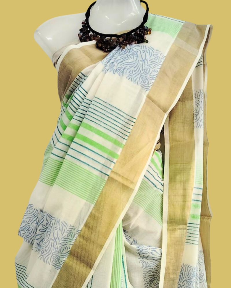 Saree: Kerala Cotton - Gold Zari Border with Green Blue Geometric Print