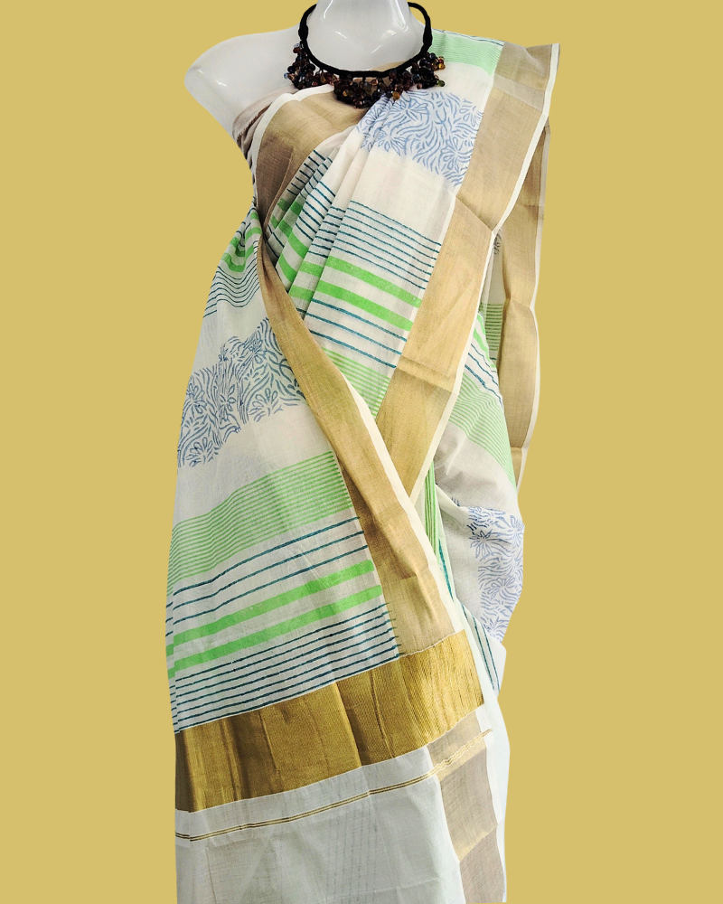 Saree: Kerala Cotton - Gold Zari Border with Green Blue Geometric Print