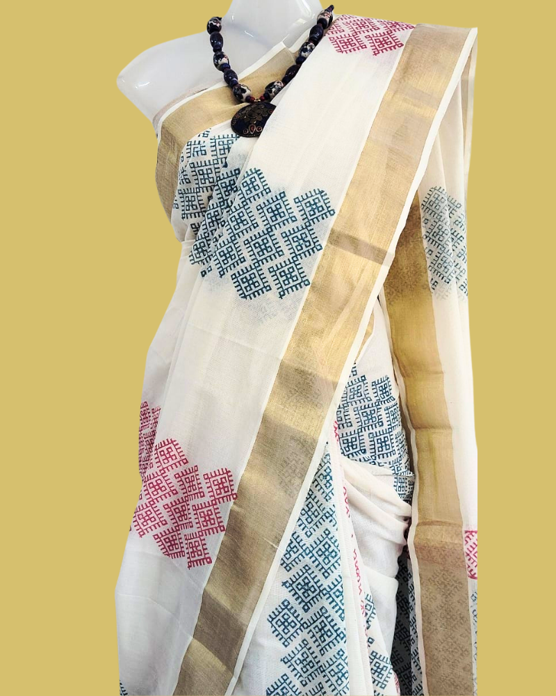 Saree: Kerala Cotton - Gold Zari Border with Red & Green Print