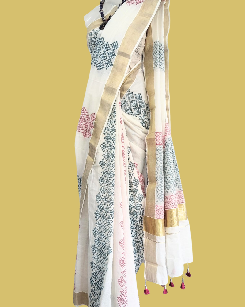 Saree: Kerala Cotton - Gold Zari Border with Red & Green Print