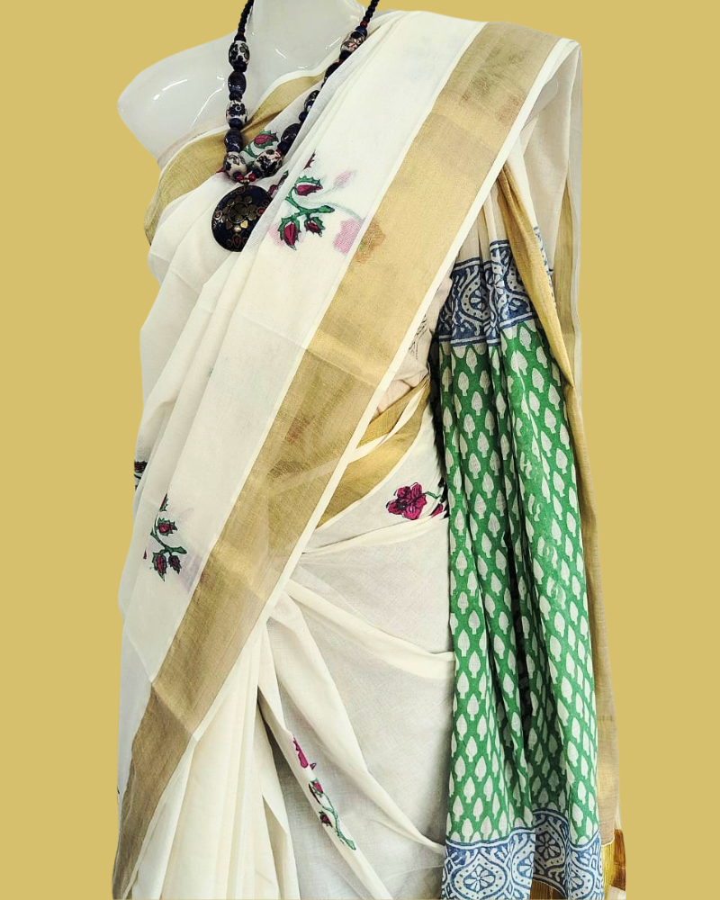 Saree: Kerala Cotton - Gold Zari Border with Green & Red Floral Print