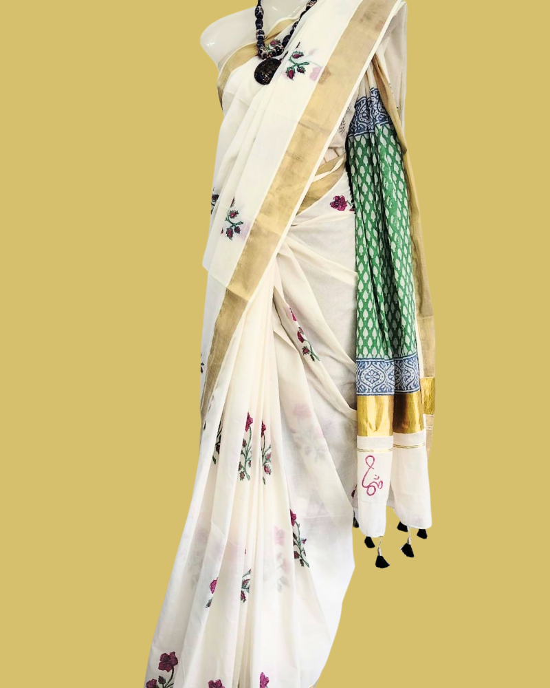 Saree: Kerala Cotton - Gold Zari Border with Green & Red Floral Print