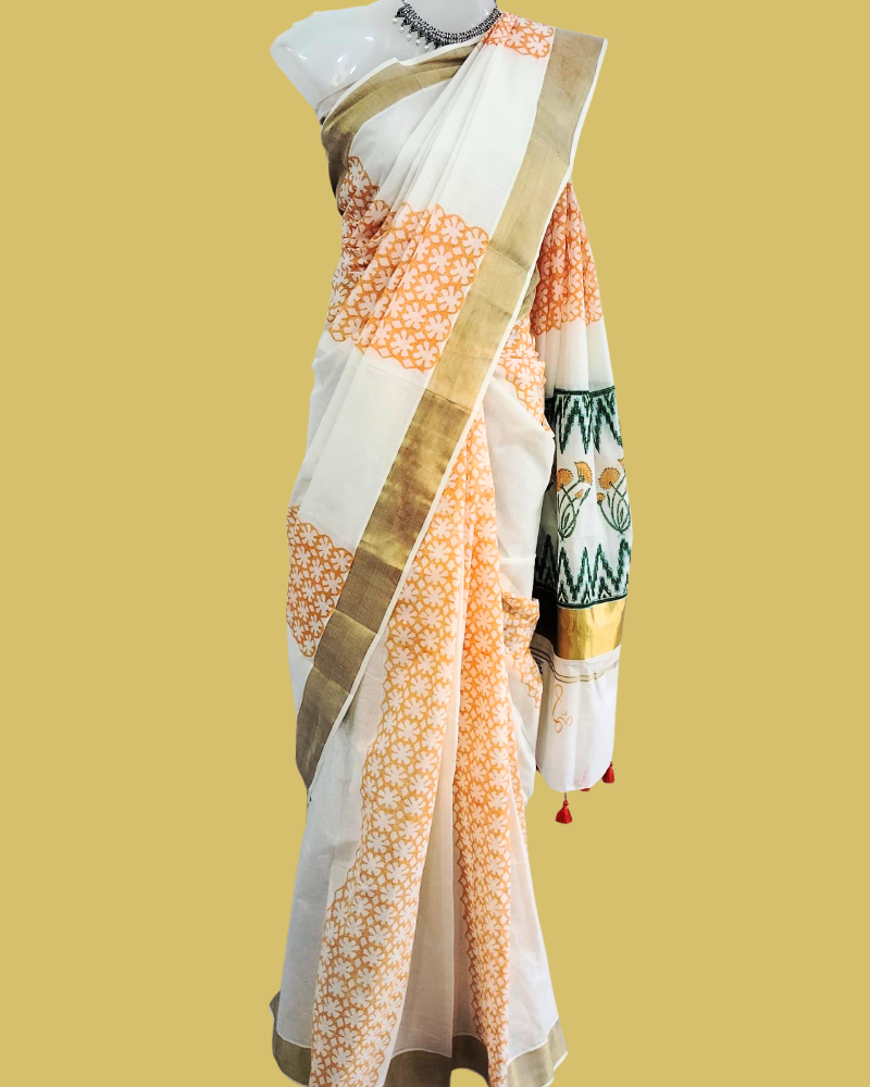 Saree: Kerala Cotton - Gold Zari Border with Green & Orange Floral Print