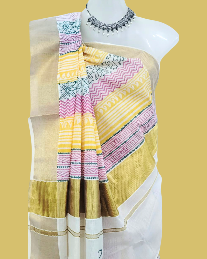 Saree: Kerala Cotton - Gold Zari Border with Red, Green & Orange Print