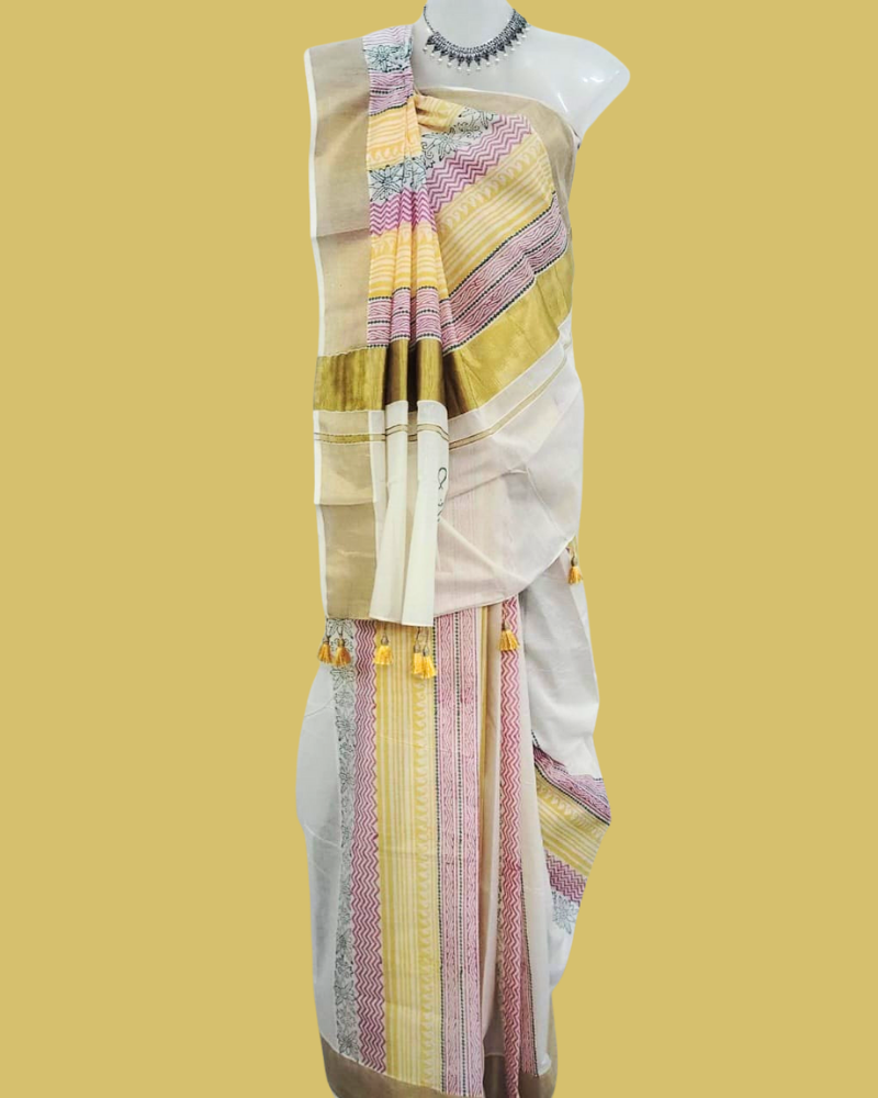 Saree: Kerala Cotton - Gold Zari Border with Red, Green & Orange Print
