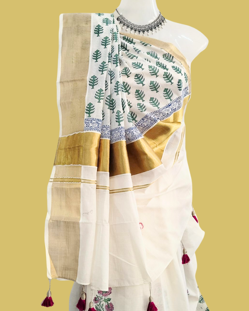 Saree: Kerala Cotton - Gold Zari Border with Green & Red Flower Print