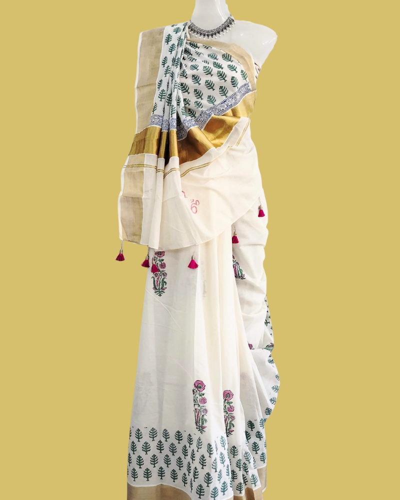 Saree: Kerala Cotton - Gold Zari Border with Green & Red Flower Print