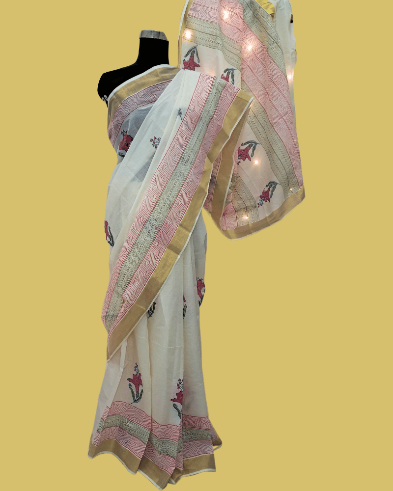Saree: Kerala Cotton - Gold Zari Border with Pink and Green Flower Print