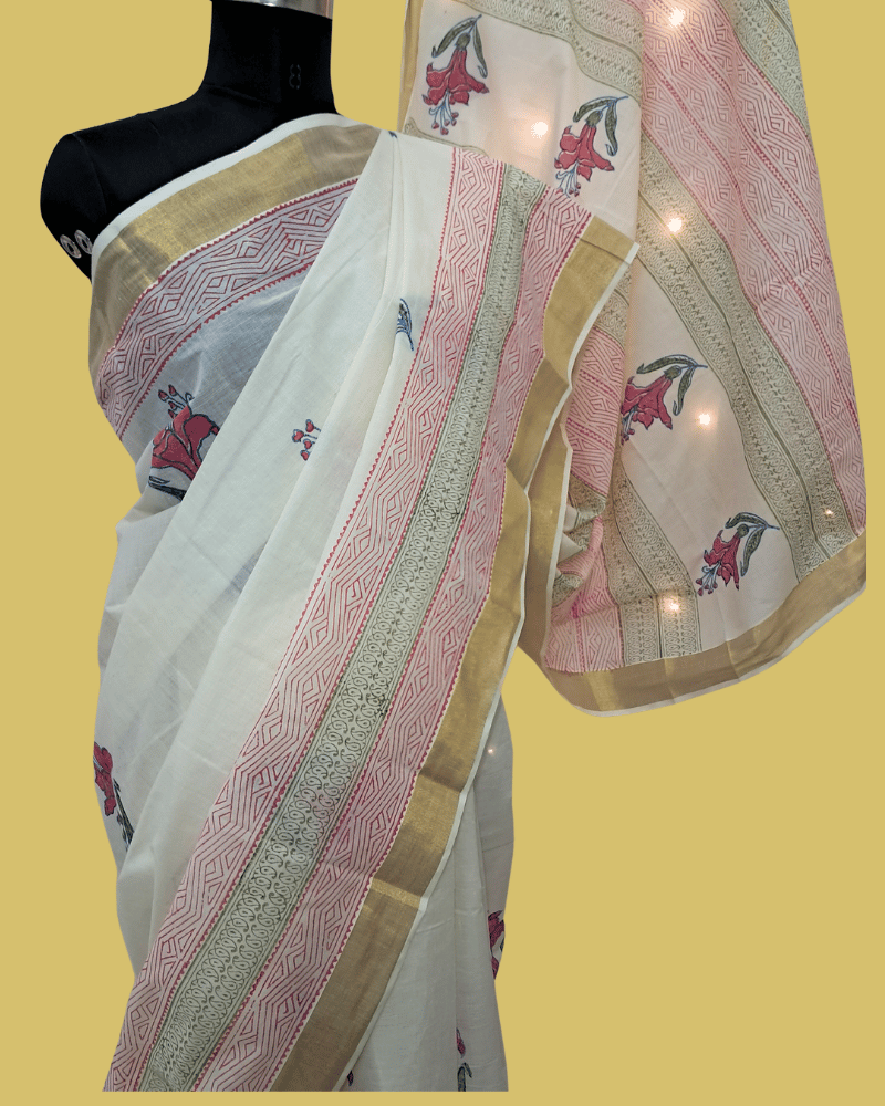 Saree: Kerala Cotton - Gold Zari Border with Pink and Green Flower Print