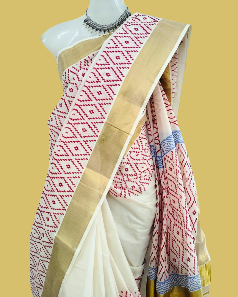 Saree: Kerala Cotton - Gold Zari Border with Red Geometric Print