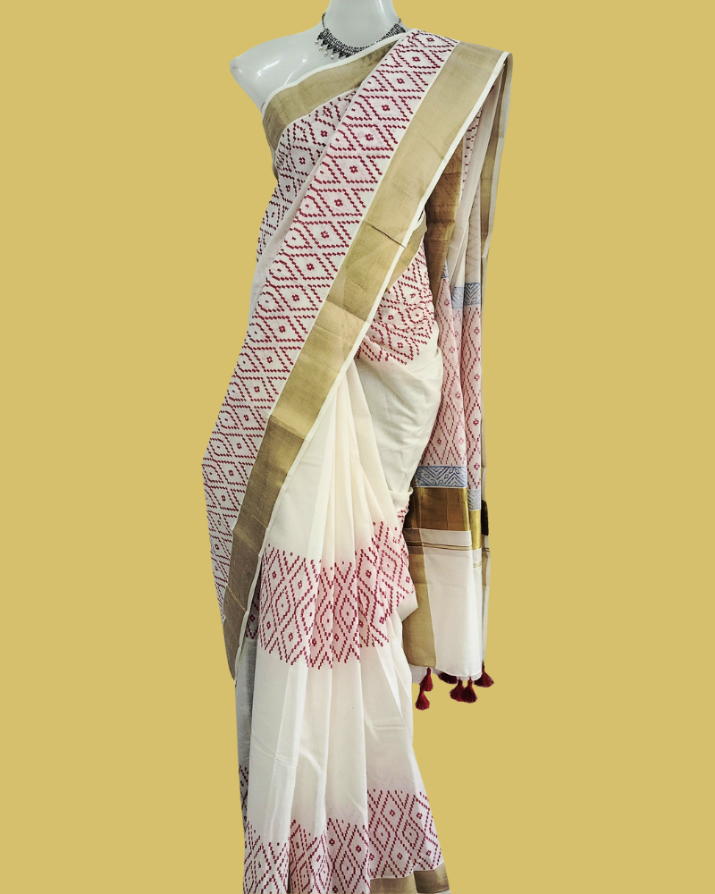Saree: Kerala Cotton - Gold Zari Border with Red Geometric Print