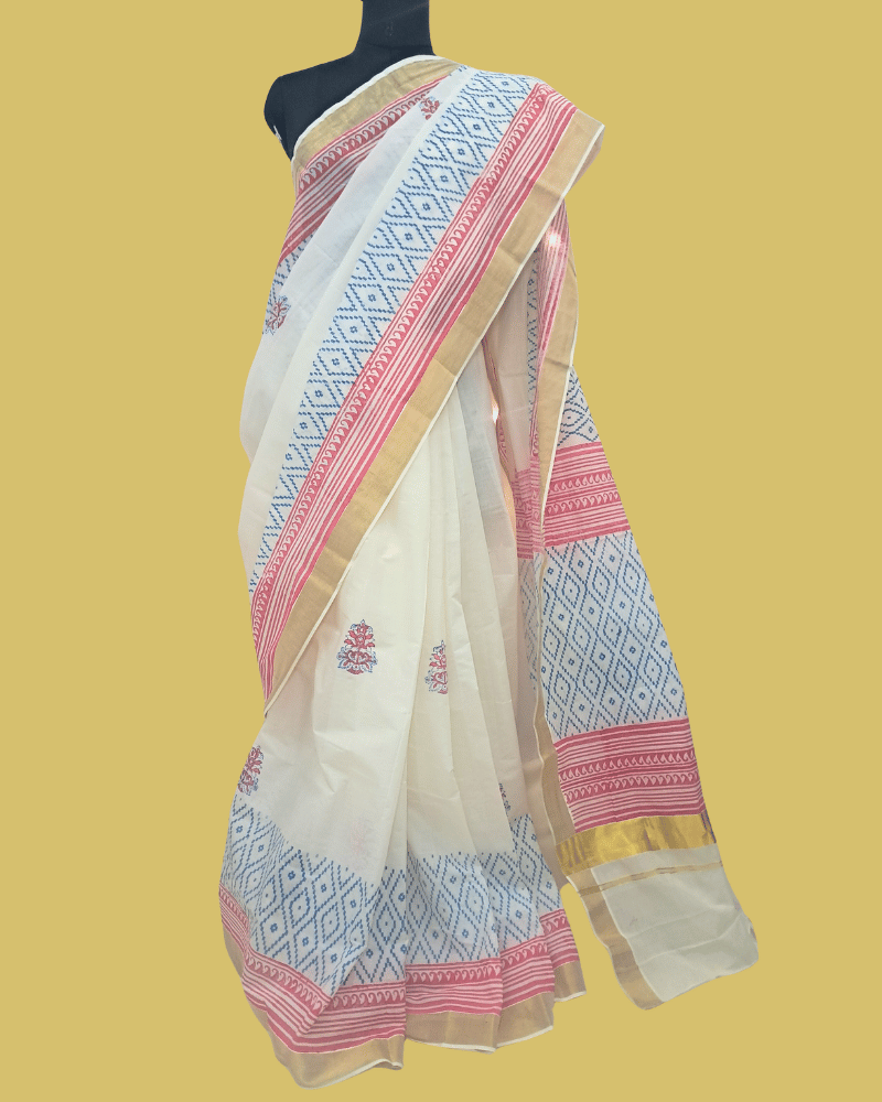 Saree: Kerala Cotton - Gold Zari Border with Pink and Blue Print