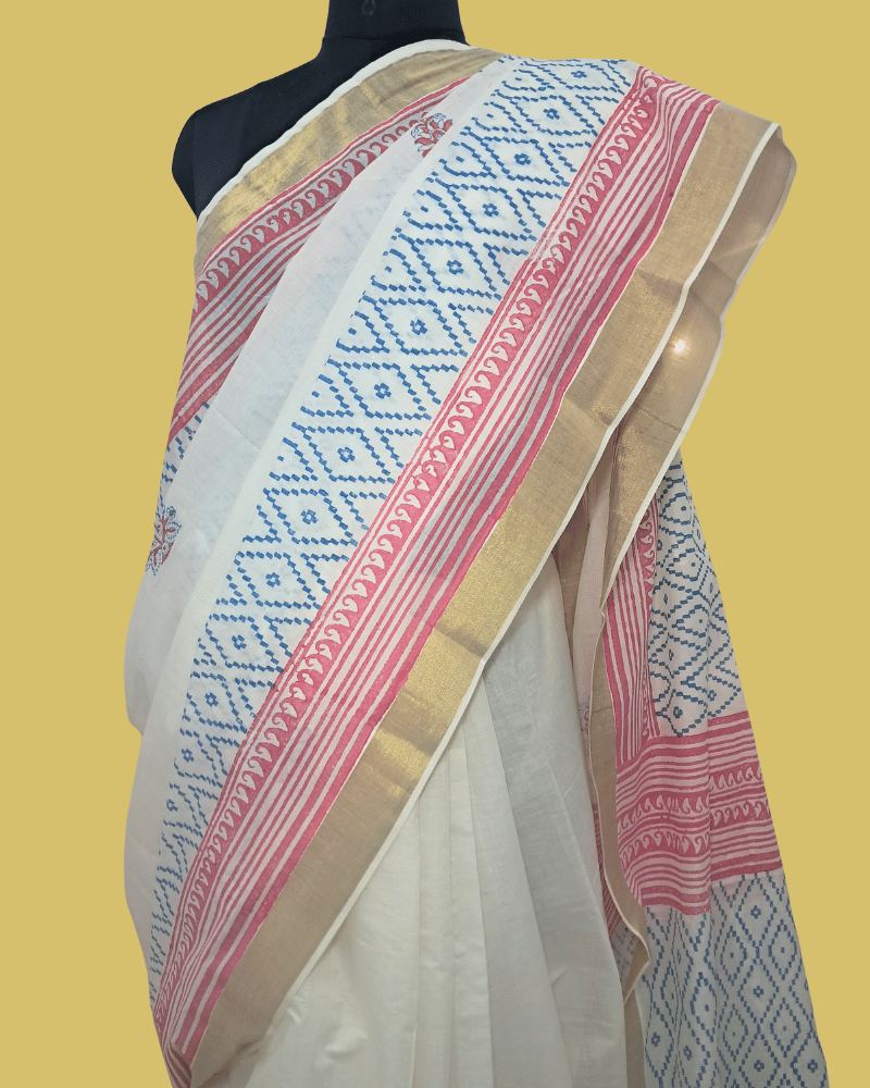 Saree: Kerala Cotton - Gold Zari Border with Pink and Blue Print