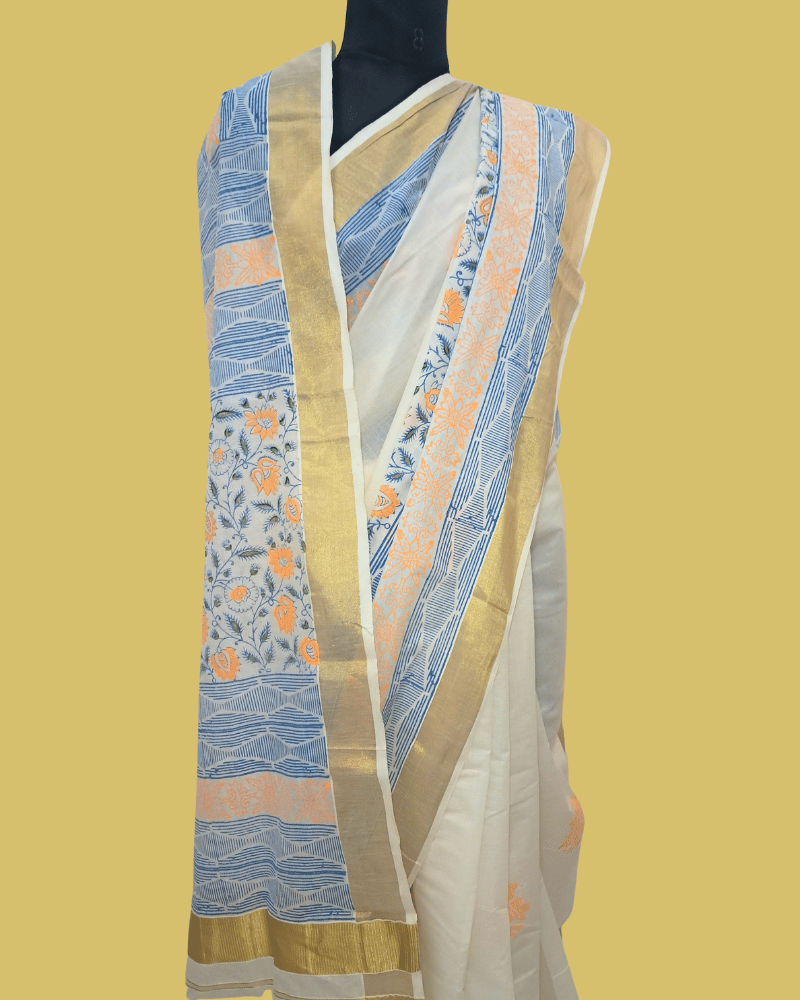 Saree: Kerala Cotton - Gold Zari Border with Blue & Orange Print