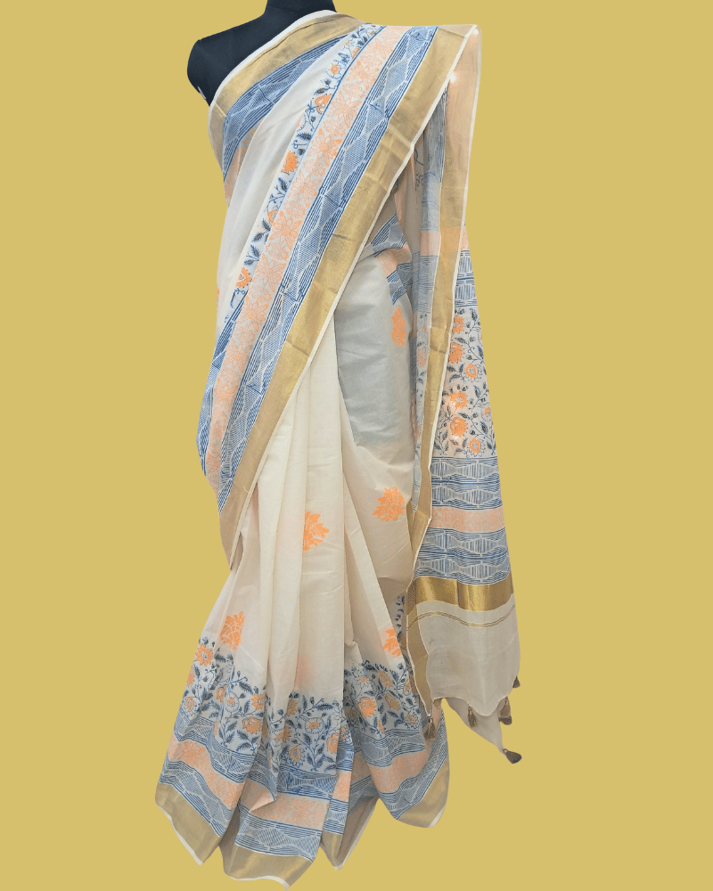 Saree: Kerala Cotton - Gold Zari Border with Blue & Orange Print