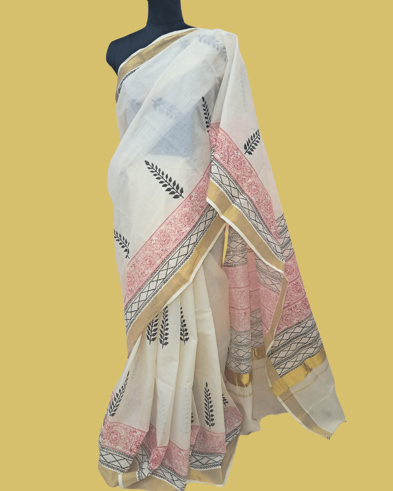 Saree: Kerala Cotton - Gold Zari Border with Pink & Black Print