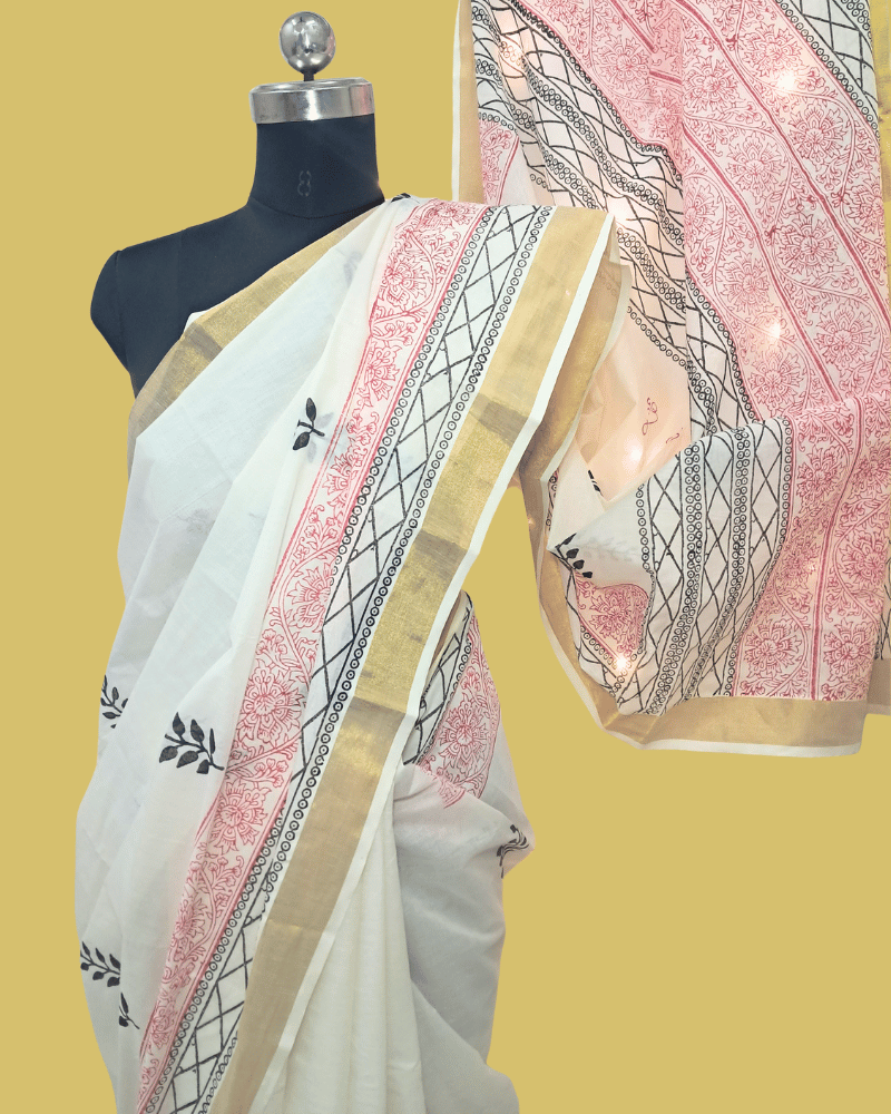 Saree: Kerala Cotton - Gold Zari Border with Pink & Black Print