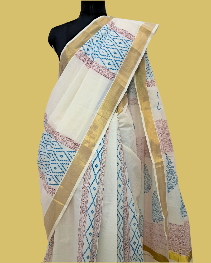 Saree: Kerala Cotton - Gold Zari Border with Blue and Maroon Print