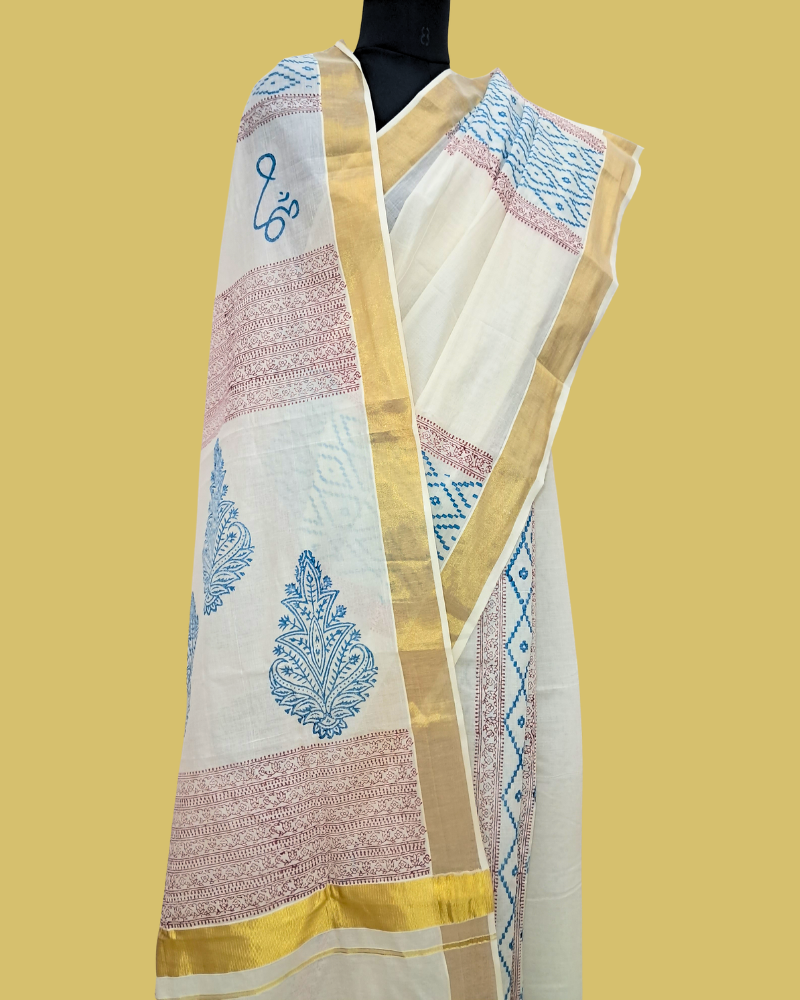Saree: Kerala Cotton - Gold Zari Border with Blue and Maroon Print