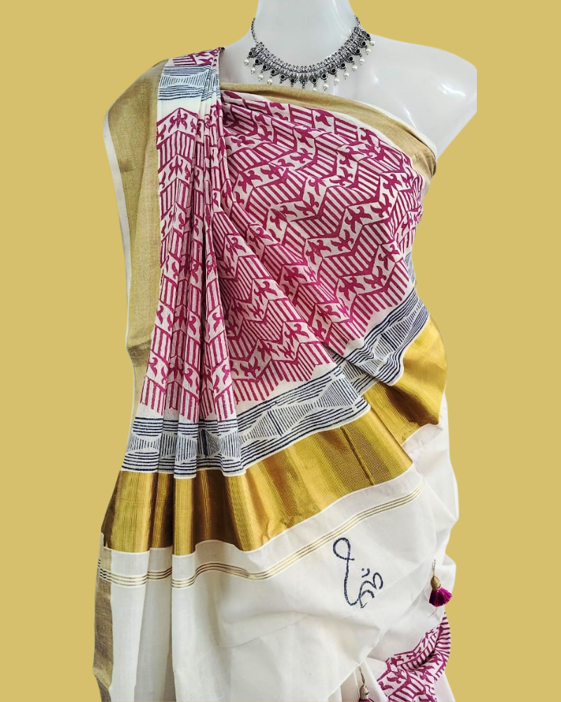 Saree: Kerala Cotton - Gold Zari Border with Red & Black Print
