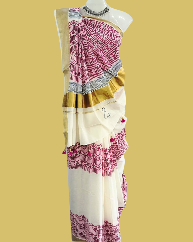 Saree: Kerala Cotton - Gold Zari Border with Red & Black Print
