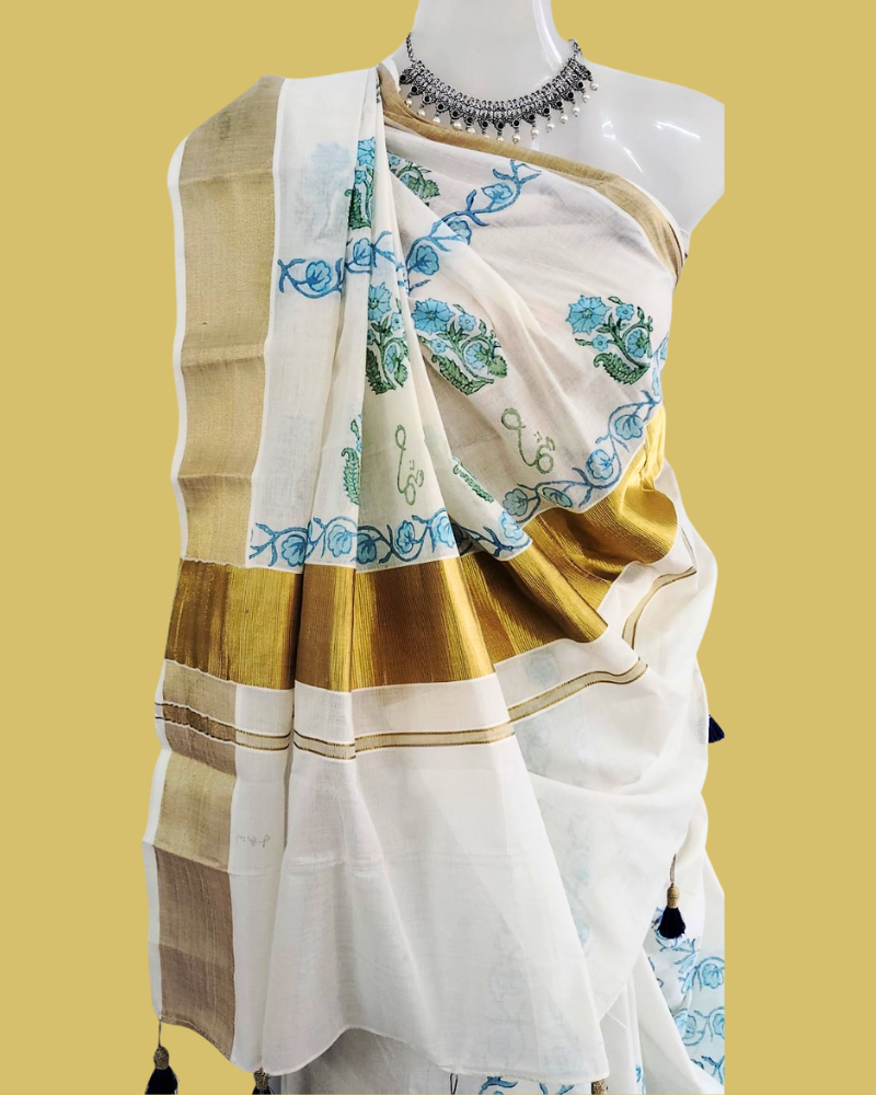 Saree: Kerala Cotton - Gold Zari Border with Light Blue Floral Print