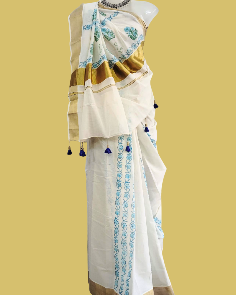Saree: Kerala Cotton - Gold Zari Border with Light Blue Floral Print
