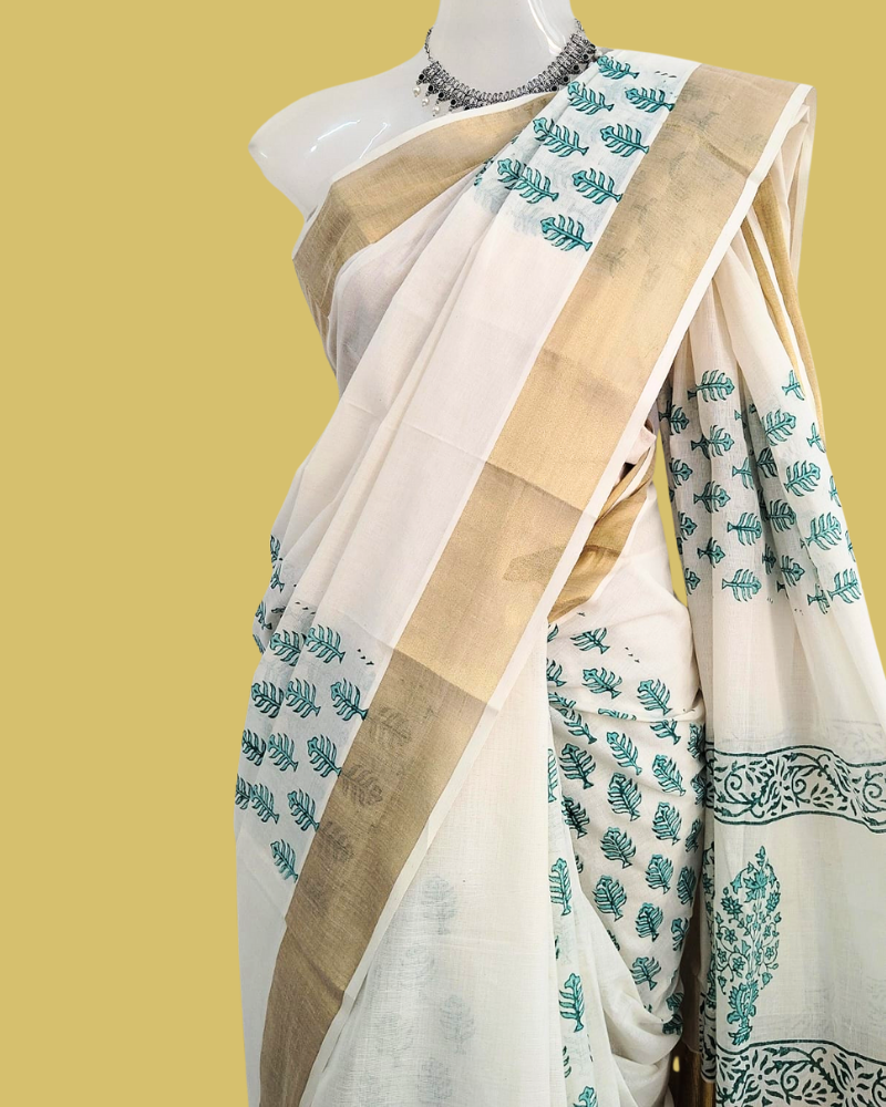 Saree: Kerala Cotton - Gold Zari Border with Green Leaf Print