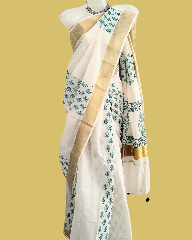 Saree: Kerala Cotton - Gold Zari Border with Green Leaf Print