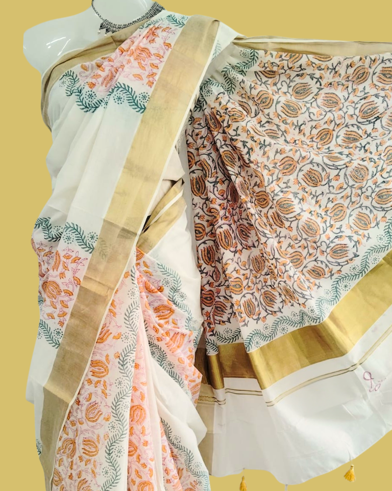 Saree: Kerala Cotton - Gold Zari Border with Orange & Green Print