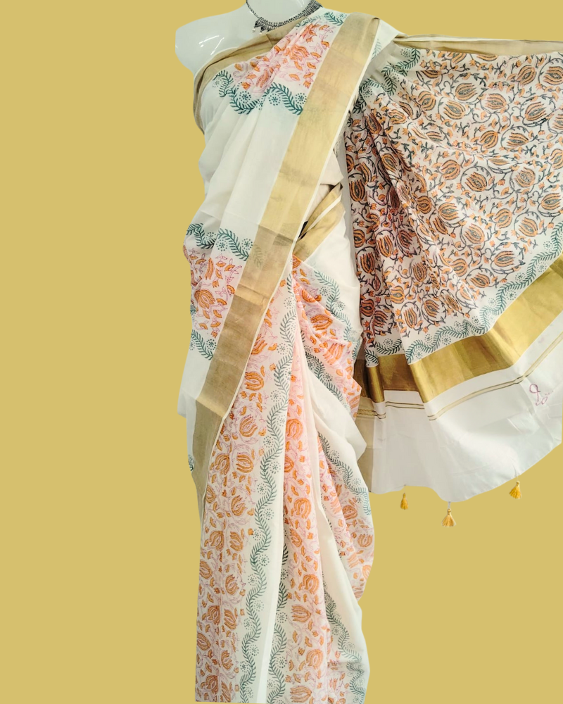 Saree: Kerala Cotton - Gold Zari Border with Orange & Green Print