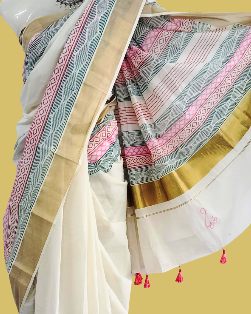 Saree: Kerala Cotton - Gold Zari Border with Pink, Red & Black Print