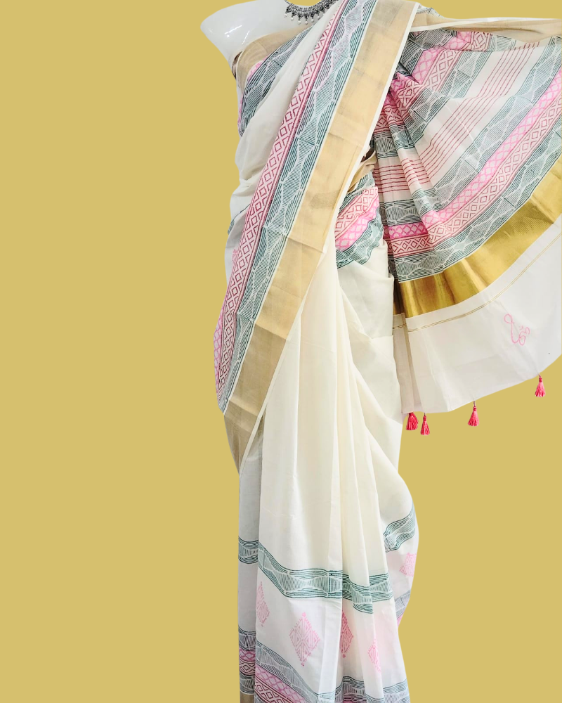 Saree: Kerala Cotton - Gold Zari Border with Pink, Red & Black Print