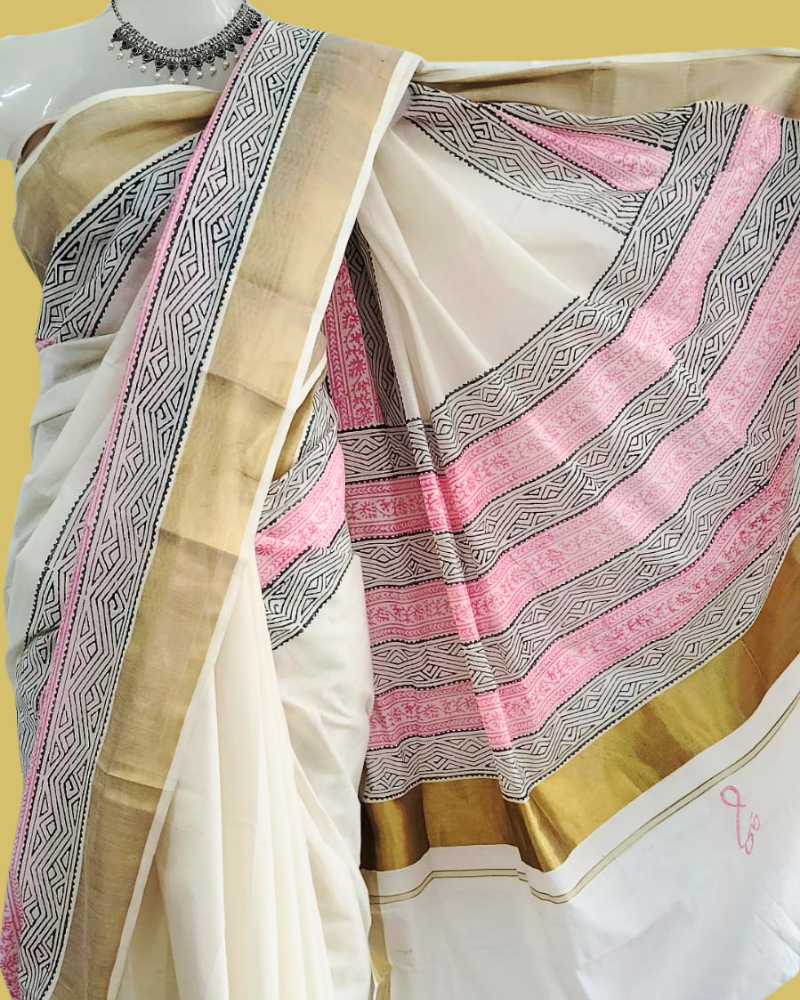 Saree: Kerala Cotton - Gold Zari Border with Pink & Black Print