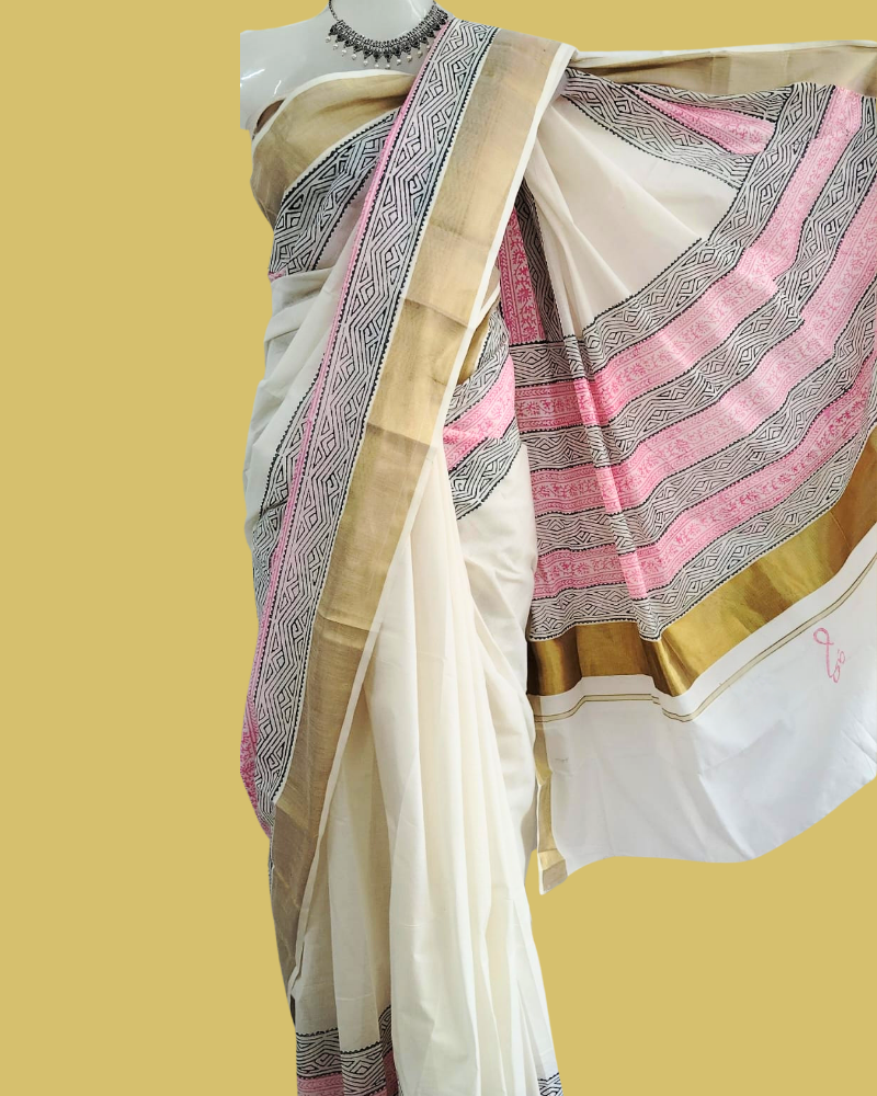 Saree: Kerala Cotton - Gold Zari Border with Pink & Black Print