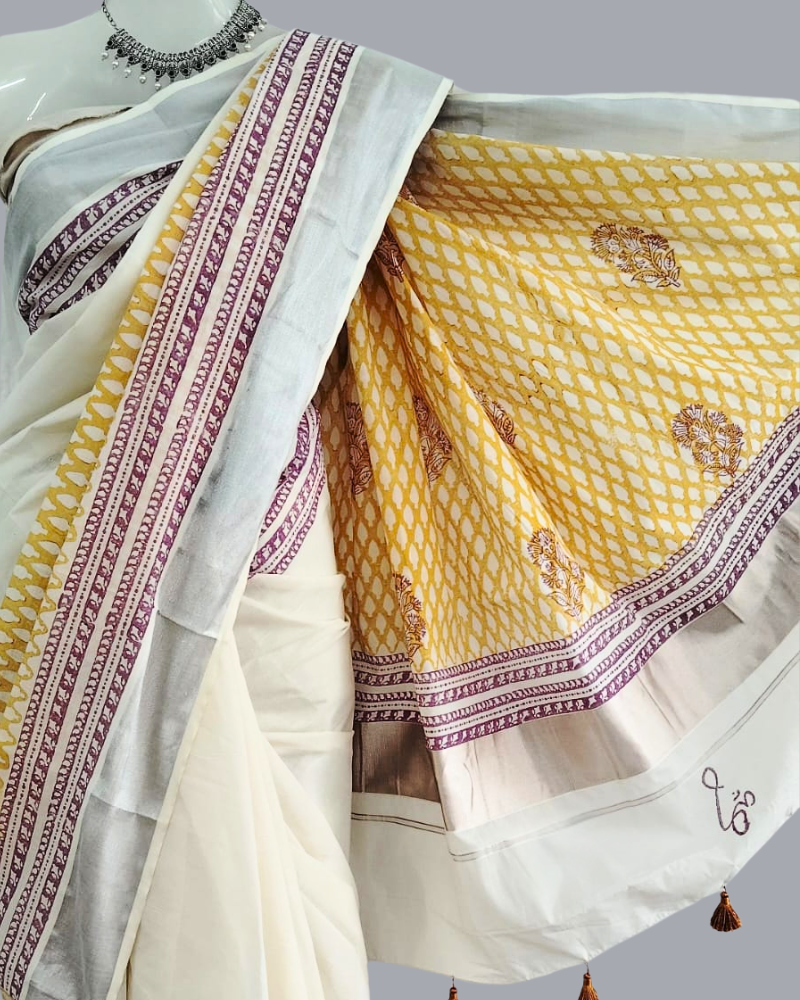 Saree: Kerala Cotton - Silver Zari Border with Orange & Maroon Print