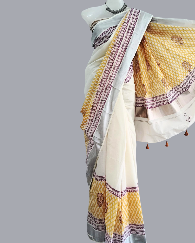 Saree: Kerala Cotton - Silver Zari Border with Orange & Maroon Print