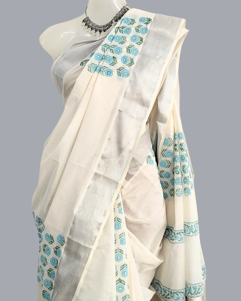 Saree: Kerala Cotton - Silver Zari Border with Blue Floral Print